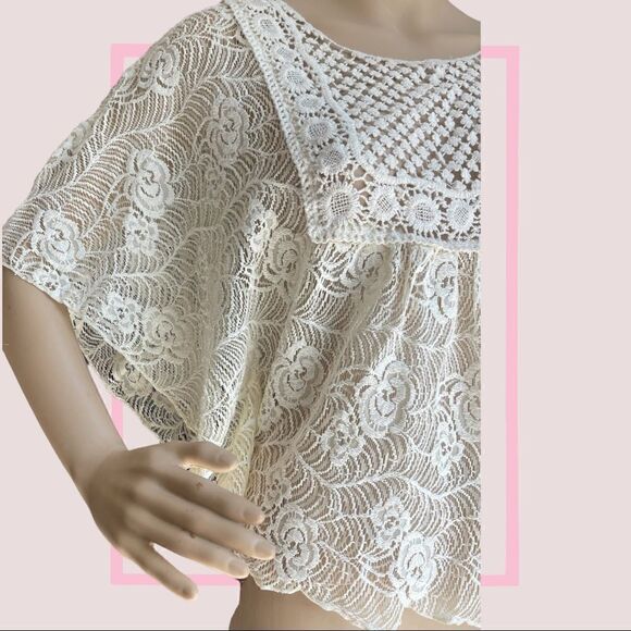 Blu Planet - Ruffled sleeves Sheer Floral Embroidered Lace Cream top size S - Picture 4 of 9